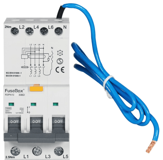 FuseBox R3PN10B0630BD 3P+N RCBO 6A 30mA 10kA B Curve Type A Bidirectional