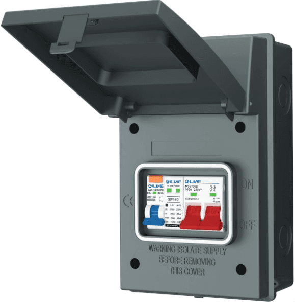 Live AGU4-SR/G 4 Way Metal Enclosure with 40A RCBO Main Switch & SPD IP65