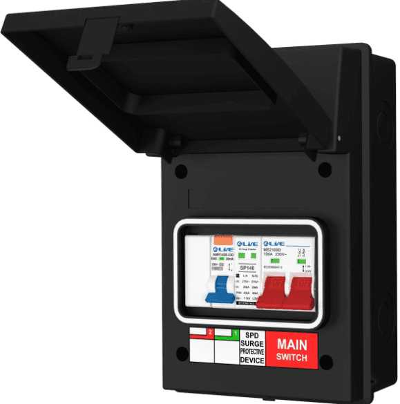 Live AGU5-SR/B 5 Way Metal Enclosure with 40A RCBO Main Switch & SPD IP65
