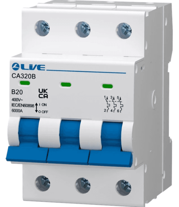 Live CA306B Triple Pole MCB 6kA B Curve 6A